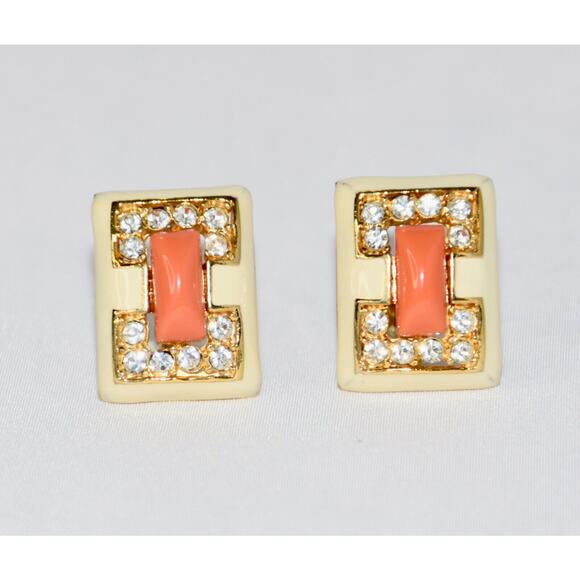 KENNETH JAY LANE Vintage Art Deco Coral - Crystal and Enamel Clip Earrings - Picture 1 of 8